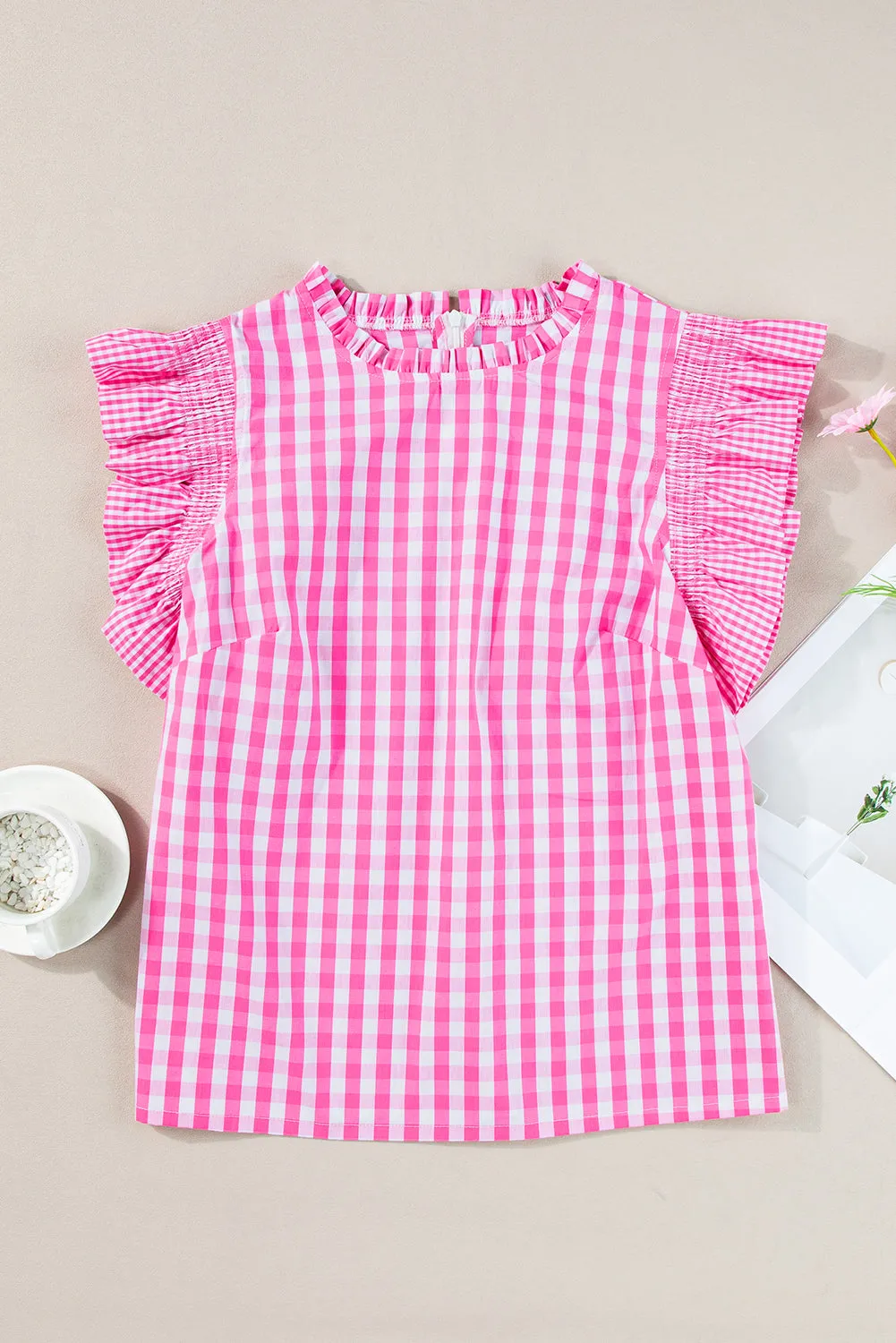 Checkered Ruffled Sleeve Frilled Neck Blouse