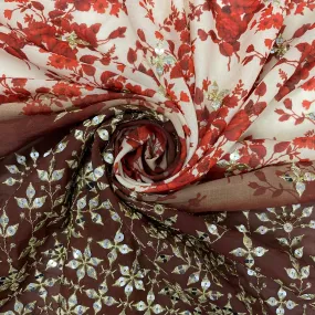 Cream With Brown Ombre Red Floral Embrodiery Georgette Fabric