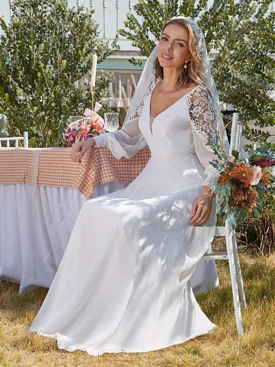 Elegant Simple Chiffon Wedding Dress with Long Puff Sleeves