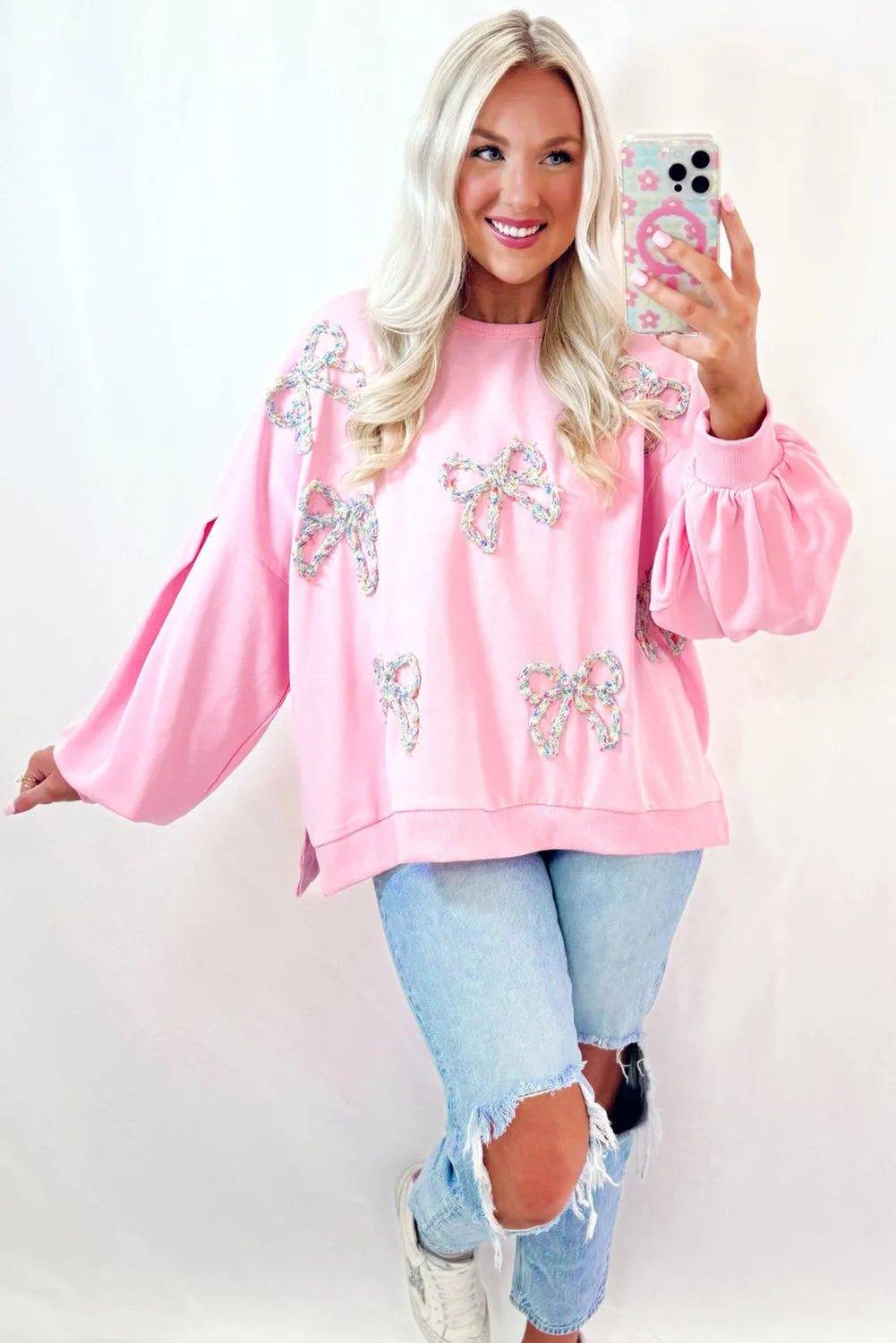 Embroidered Bow Lantern Sleeve Oversized Pullover Sweatshirt