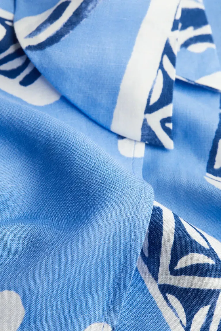 H&M linen blend front wrap skirt, blue/palm