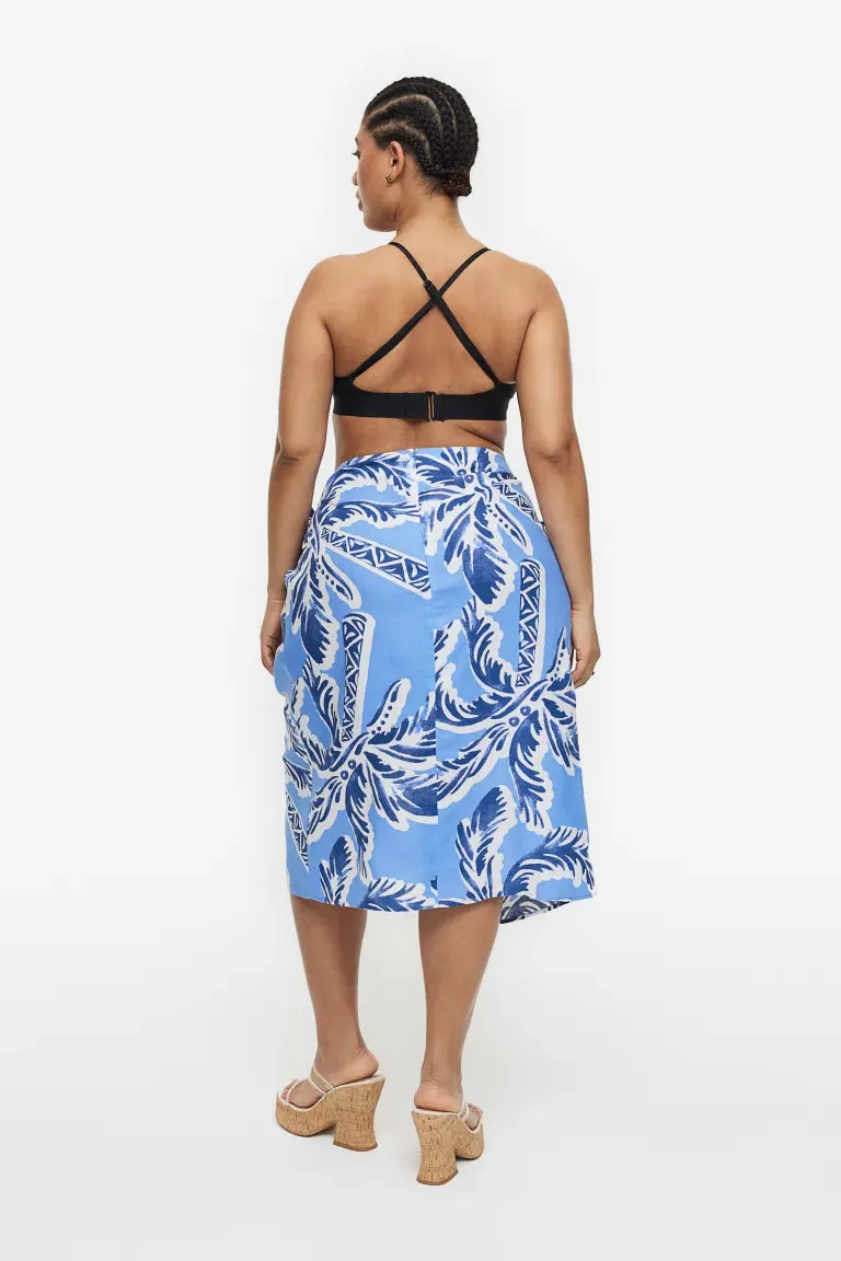 H&M linen blend front wrap skirt, blue/palm
