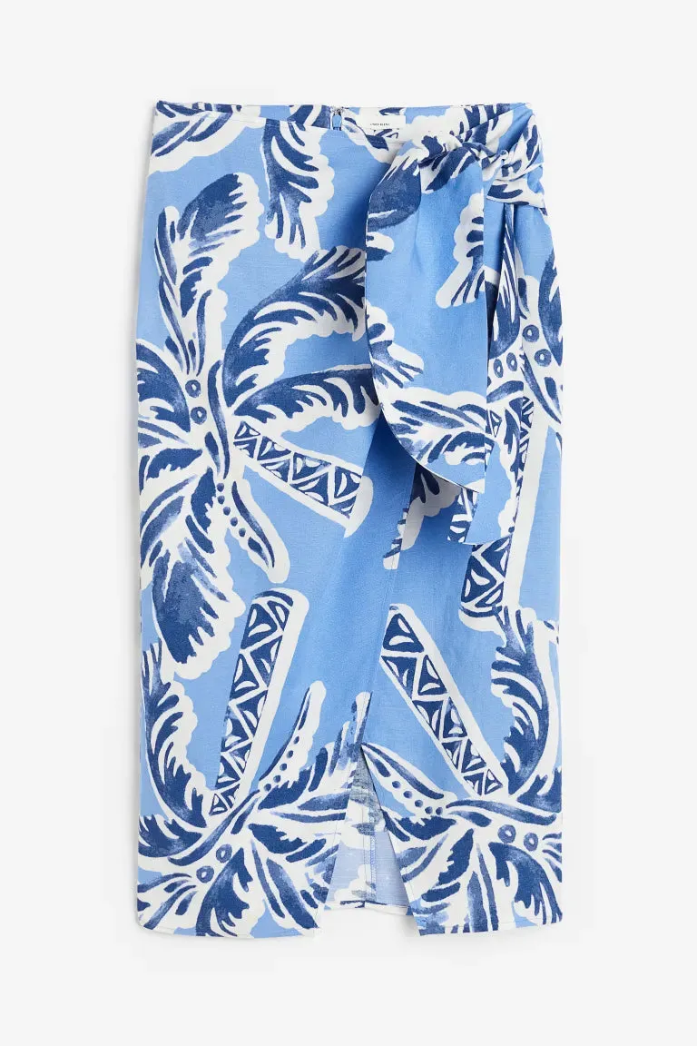 H&M linen blend front wrap skirt, blue/palm