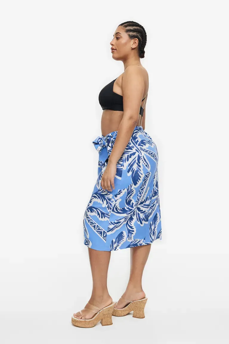 H&M linen blend front wrap skirt, blue/palm