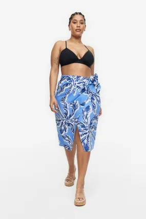 H&M linen blend front wrap skirt, blue/palm