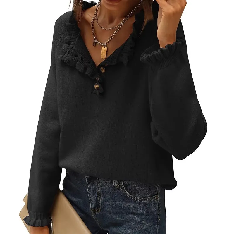 New Casual Long-Sleeve Button Ruffle Pullover Sweater for Women