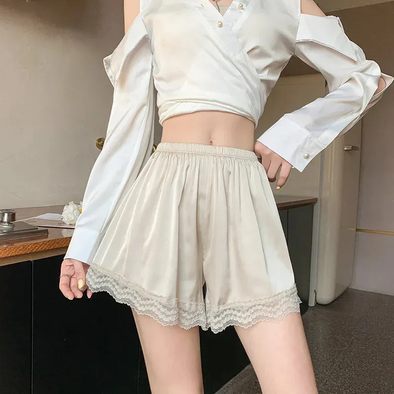 New Ice Silk Safety Pants Summer Womens Seamless Solid Satin Boxer Shorts Underwear Cute Lace Ruffled Intimates Underpants