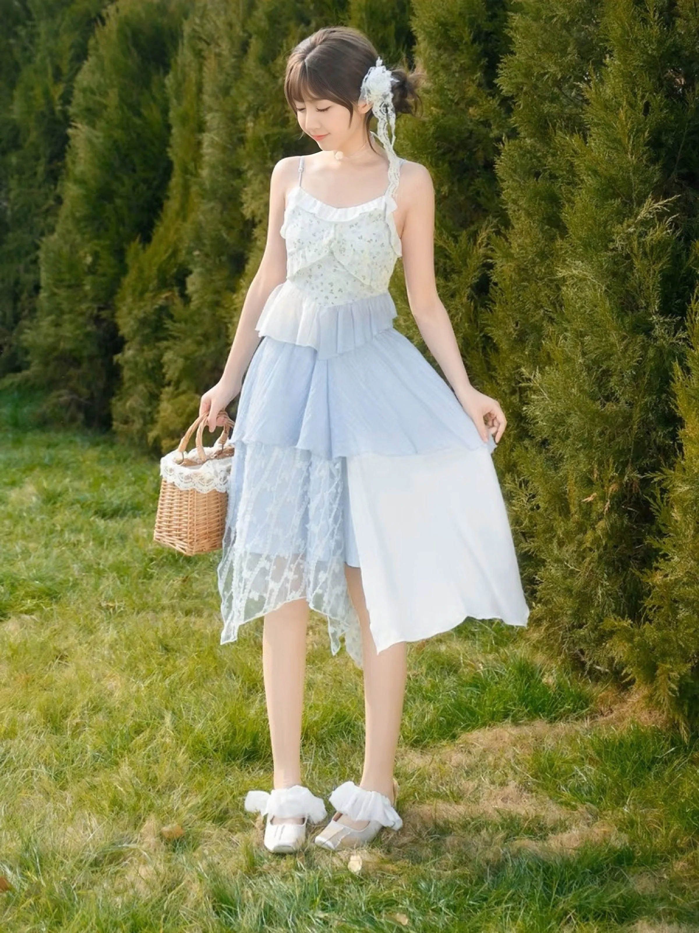 Pastoral Girl Irregular Sling Dress, Camisole & Skirt