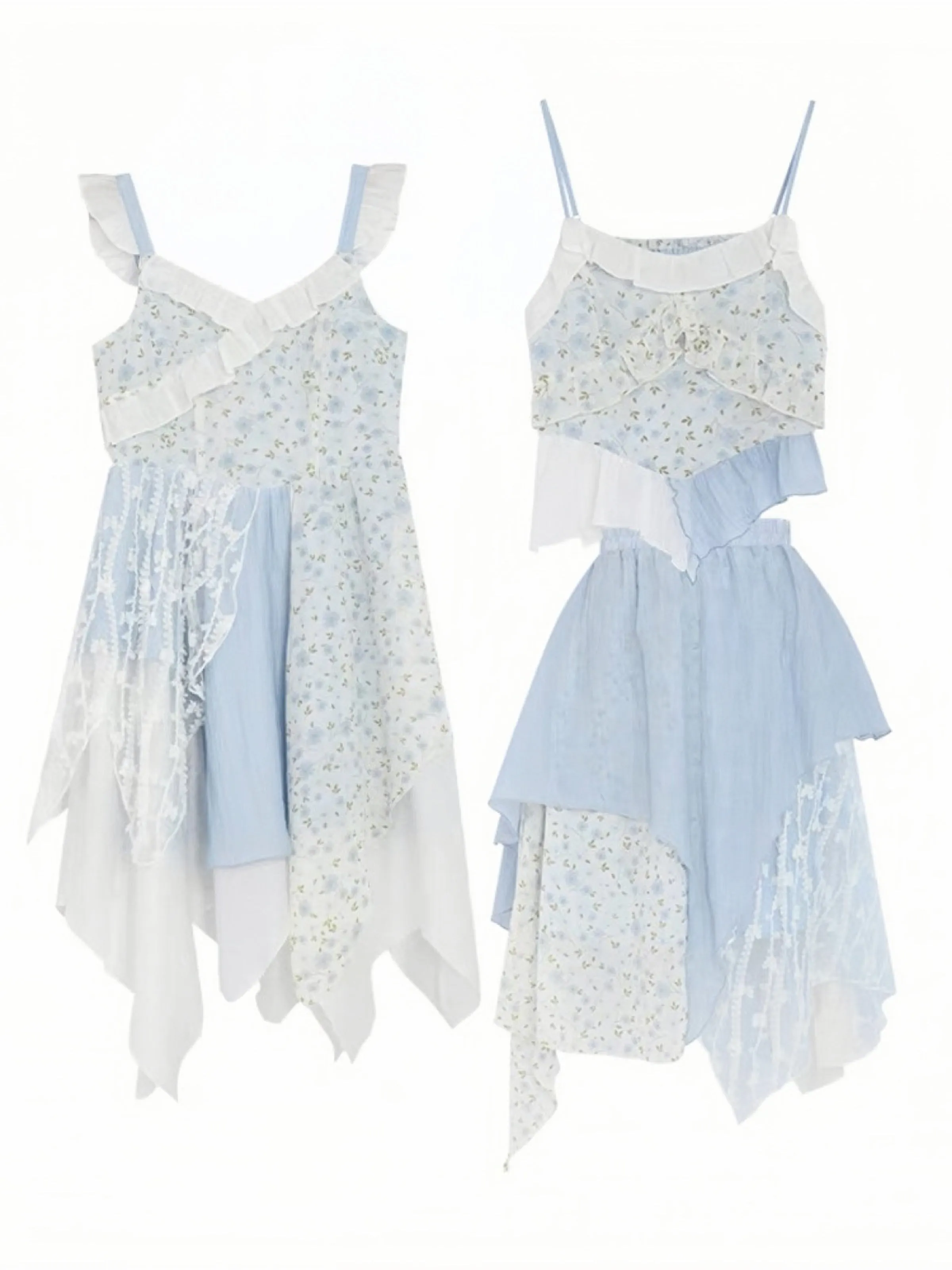 Pastoral Girl Irregular Sling Dress, Camisole & Skirt