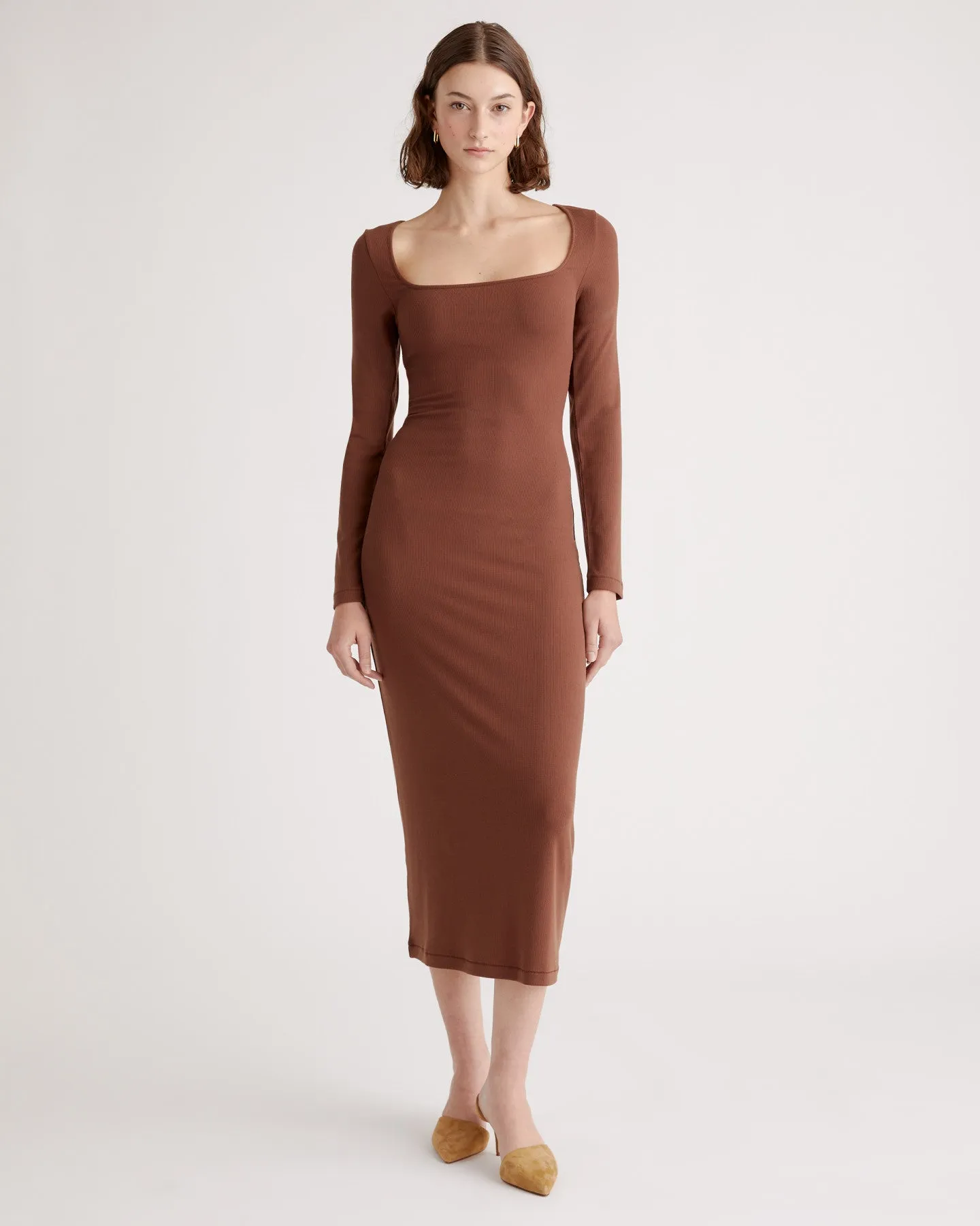 Tencel Rib Knit Long Sleeve Square Neck Dress