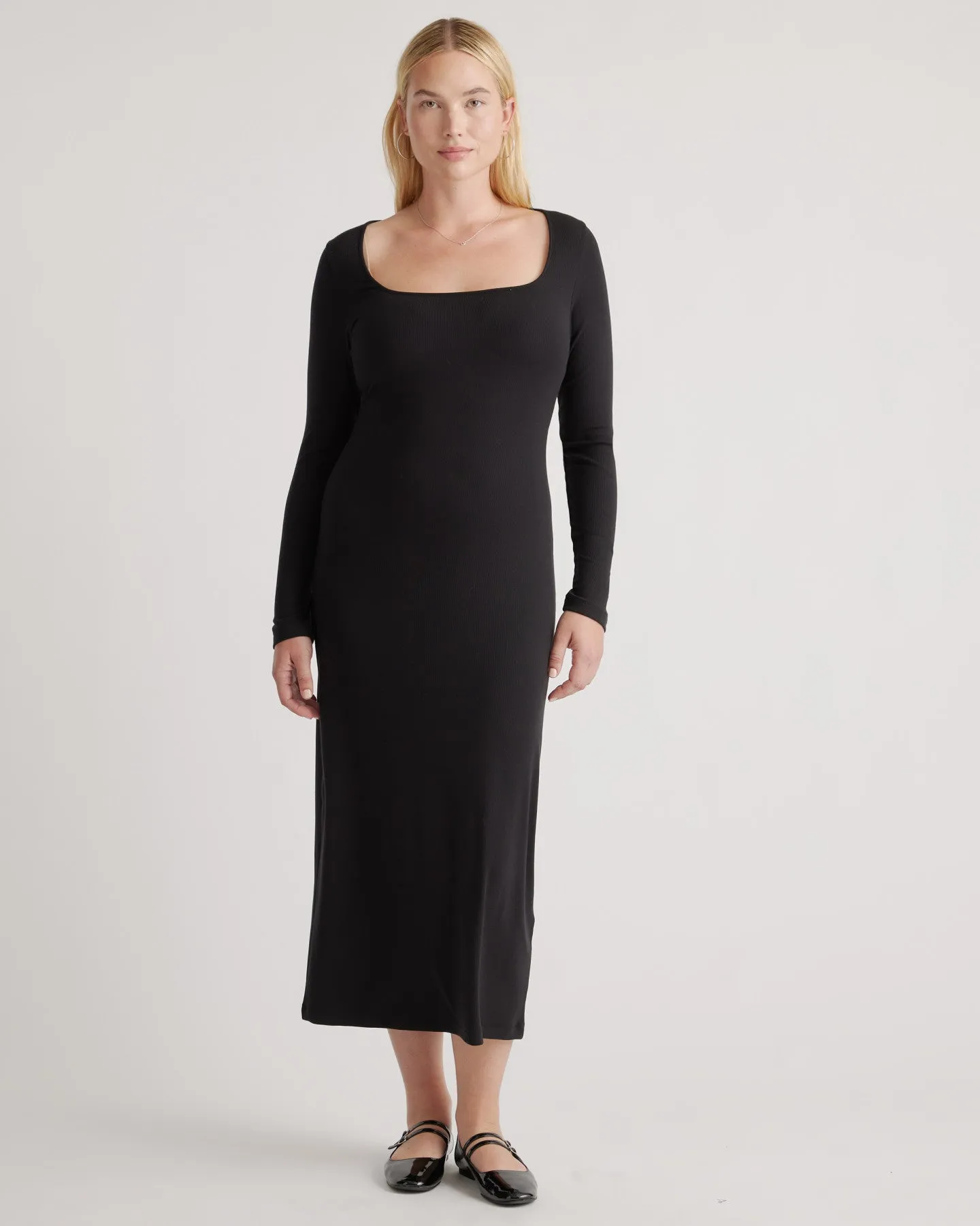 Tencel Rib Knit Long Sleeve Square Neck Dress